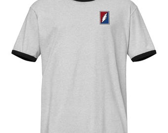 Ran Into a Rain Storm... on Back and Bolt on front of Unisex ringer t-shirt