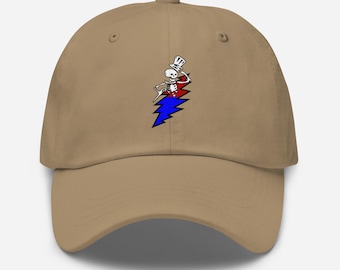 Skeleton Emerging From Lightning Bolt on Baseball Cap