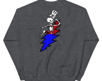 Skeleton Emerging from Bolt on Back, Lightning Bolt on Front of Unisex Sweatshirt