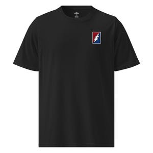 May include: Black t-shirt with a small, embroidered lightning bolt logo in a red, white, and blue rectangle on the left chest.