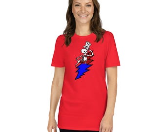 Skeleton Emerging From Lightning Bolt on Short-Sleeve Unisex T-Shirt