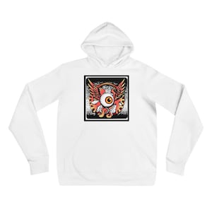 May include: White hooded sweatshirt with a graphic print of a red and orange eye with wings on a black square.