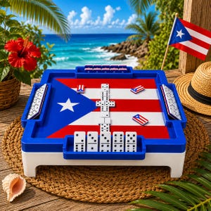 May include: A square blue and white plastic domino table featuring a Puerto Rican flag design on the surface. The table includes built-in racks for domino tiles, with several white dominoes with black pips arranged on the playing surface.