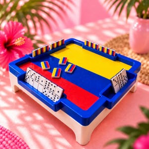 May include: A square game board featuring the yellow, blue, and red colors of the Colombian flag. The board has a raised blue frame with slots for dominoes. Several white dominoes with black pips are arranged in the slots and on the surface.