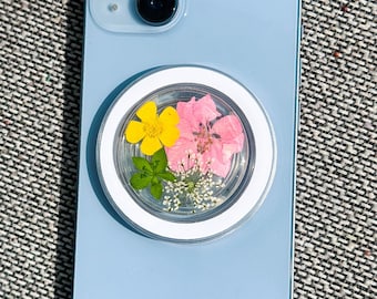 Magnetyczny uchwyt do telefonu z prawdziwymi kwiatami narcyza, ręcznie robiony uchwyt Magsafe, uchwyt z żywicy w kształcie grzyba do czytnika Kindle, stojak na telefon z zawieszką w kształcie kwiatu alazysu