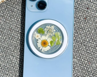 Magnetyczny uchwyt do telefonu z prawdziwymi kwiatami narcyza, ręcznie robiony uchwyt Magsafe, uchwyt z żywicy w kształcie grzyba do czytnika Kindle, stojak na telefon z zawieszką w kształcie kwiatu alazysu