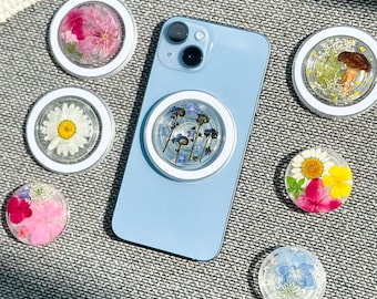 Real Hydrangea Flowers Magnetic Phone Grip, Handmade Magsafe Grip, Resin Mushroom Holder For Kindle, Daisy Pansy Floral Phone Charm Stand