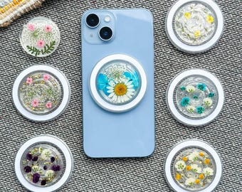 Real Hydrangea Flowers Magnetic Phone Grip, Handmade Magsafe Grip, Resin Mushroom Holder For Kindle, Daisy Pansy Floral Phone Charm Stand