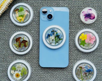 Magnetyczny uchwyt do telefonu z prawdziwymi kwiatami narcyza, ręcznie robiony uchwyt Magsafe, uchwyt z żywicy w kształcie grzyba do czytnika Kindle, stojak na telefon z zawieszką w kształcie kwiatu alazysu