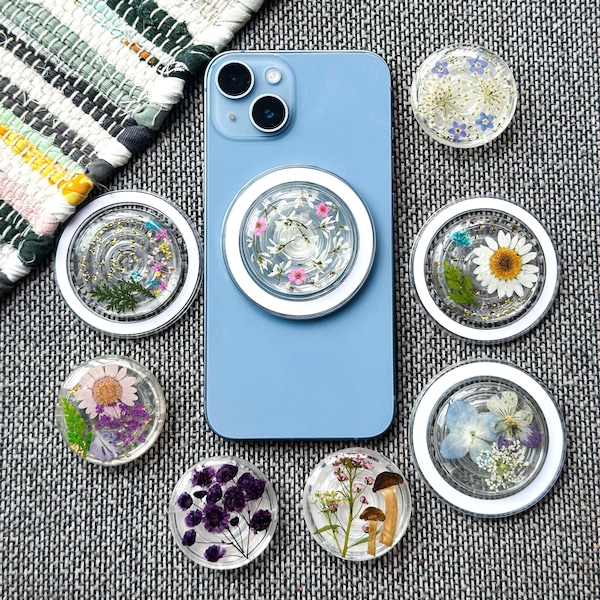 Real Hydrangea Flowers Magnetic Phone Grip, Handmade Magsafe Grip, Resin Mushroom Holder For Kindle, Daisy Pansy Floral Phone Charm Stand