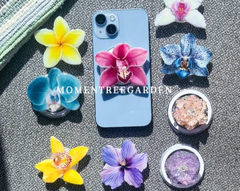 Orchid Flowers Magnetic Phone Grip, Magsafe Grip Holder, Shell Flower For Kindle, Hibiscus Resin Floral Phone Charm Stand, Blue Flower Grip