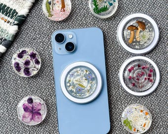 Real Hydrangea Flowers Magnetic Phone Grip, Handmade Magsafe Grip, Resin Mushroom Holder For Kindle, Daisy Pansy Floral Phone Charm Stand