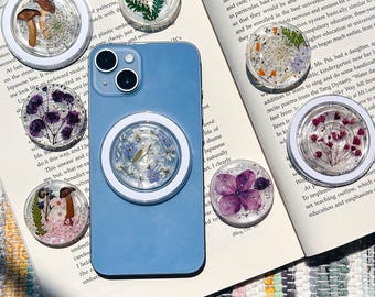 Real Hydrangea Flowers Magnetic Phone Grip, Handmade Magsafe Grip, Resin Mushroom Holder For Kindle, Daisy Pansy Floral Phone Charm Stand