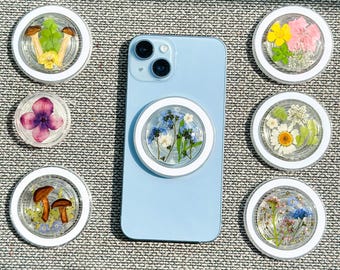 Magnetyczny uchwyt do telefonu z prawdziwymi kwiatami narcyza, ręcznie robiony uchwyt Magsafe, uchwyt z żywicy w kształcie grzyba do czytnika Kindle, stojak na telefon z zawieszką w kształcie kwiatu alazysu