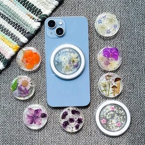 Real Hydrangea Flowers Magnetic Phone Grip, Handmade Magsafe Grip, Resin Mushroom Holder For Kindle, Daisy Pansy Floral Phone Charm Stand