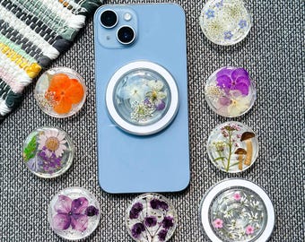 Real Hydrangea Flowers Magnetic Phone Grip, Handmade Magsafe Grip, Resin Mushroom Holder For Kindle, Daisy Pansy Floral Phone Charm Stand