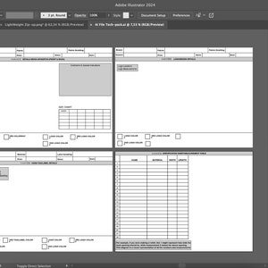 May include: A screenshot of an Adobe Illustrator 2024 document with a white and gray specification sheet. The sheet includes tables, checkboxes, and text fields for entering data. The document is open on a gray computer screen.