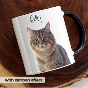 May include: A white ceramic mug with a black handle featuring a printed image of a fluffy brown and grey tabby cat with large yellow eyes. The name Lilly is written in black cursive script above the cat. The text with cartoon effect is visible.