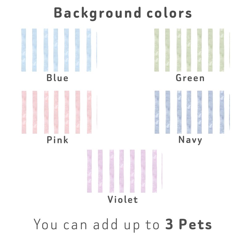 May include: An image showcasing five background color options: blue, green, pink, navy, and violet, each with vertical stripes. Text at the top reads "Background colors." Below, the text says "You can add up to 3 Pets."