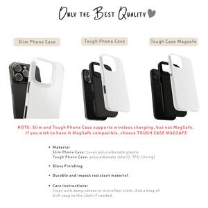 K&ouml;nnte beinhalten: Gezeigt werden wei&szlig;e und schwarze Handyh&uuml;llen, darunter Slim, Tough und Tough Case Magsafe. Der Text "ONLY THE BEST QUALITY" ist oben zu sehen. Details zu Material, Glanzfinish und Pflegehinweisen sind ebenfalls enthalten.