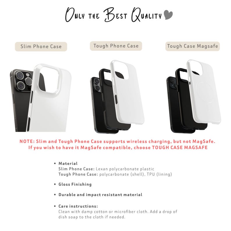 K&ouml;nnte beinhalten: Gezeigt werden wei&szlig;e und schwarze Handyh&uuml;llen, darunter Slim, Tough und Tough Case Magsafe. Der Text "ONLY THE BEST QUALITY" ist oben zu sehen. Details zu Material, Glanzfinish und Pflegehinweisen sind ebenfalls enthalten.