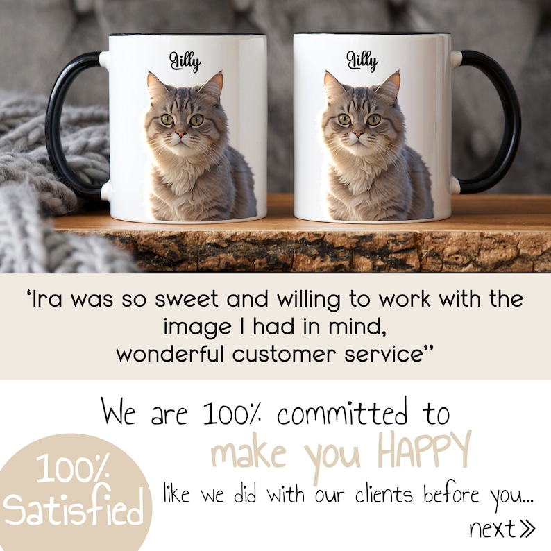 May include: Two white ceramic mugs with black handles. Each mug features a color illustration of a cat with the name "Lilly" printed in black on the front.