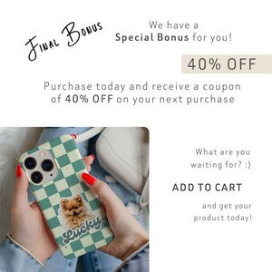 K&ouml;nnte beinhalten: Eine Handyh&uuml;lle mit gr&uuml;n-wei&szlig;em Schachbrettmuster, mit einer Grafik eines Zwergspitzes und dem Wort "Lucky". Das Bild enth&auml;lt den Text "Final Bonus", "Special Bonus", "40% OFF" und "Add to Cart".