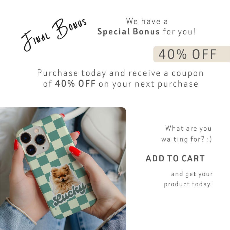 K&ouml;nnte beinhalten: Eine Handyh&uuml;lle mit gr&uuml;n-wei&szlig;em Schachbrettmuster, mit einer Grafik eines Zwergspitzes und dem Wort "Lucky". Das Bild enth&auml;lt den Text "Final Bonus", "Special Bonus", "40% OFF" und "Add to Cart".