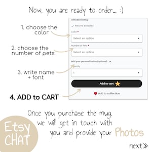 May include: A customizable pet portrait mug with a white background and a black border. The mug has a drop-down menu to select the color, number of pets, and personalization options. The text on the mug says "GiftedSmileMug" and "Add to cart".