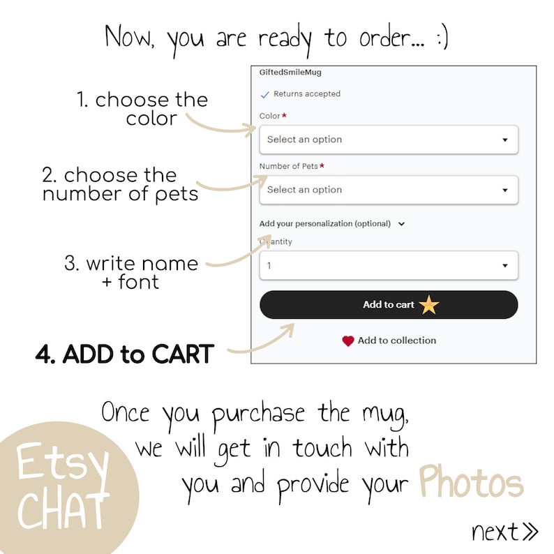 May include: A customizable pet portrait mug with a white background and a black border. The mug has a drop-down menu to select the color, number of pets, and personalization options. The text on the mug says "GiftedSmileMug" and "Add to cart".