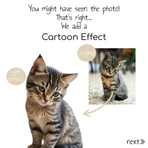 May include: A side-by-side comparison of a tabby kitten image with and without a cartoon effect applied. The original image shows the kitten sitting on a stone surface. The image with the cartoon effect shows the kitten with a more stylized appearance.