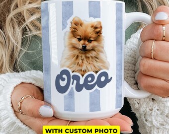 Dog Lover Birthday Gift Mug Striped Pet Photo Coffee Cup Unique Dog Owner Present Gift for Her or Him