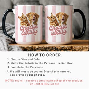 May include: Two white ceramic mugs with black handles. Each mug features a pink and white striped pattern, with a graphic of a cat and dog, and the text "Charlie & Lilly" in pink script. The mugs are displayed on a wooden surface.