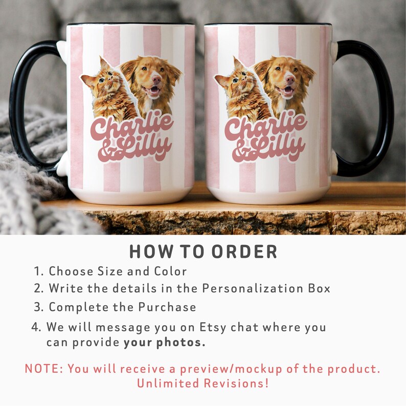 May include: Two white ceramic mugs with black handles. Each mug features a pink and white striped pattern, with a graphic of a cat and dog, and the text "Charlie & Lilly" in pink script. The mugs are displayed on a wooden surface.