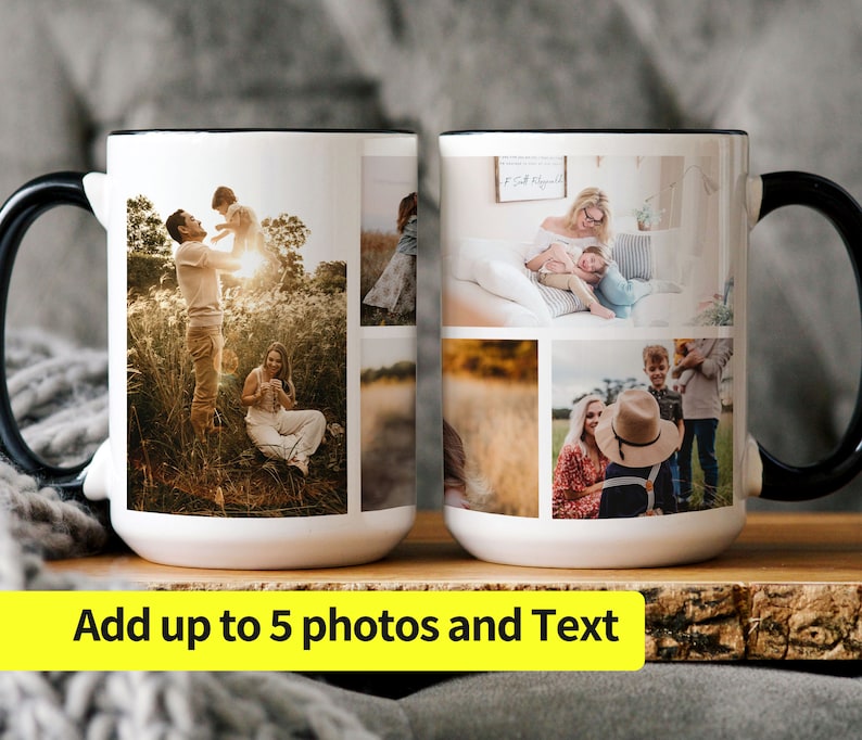 May include: White ceramic mug with a black handle. The mug features a collage of five photos of a family. The photos show a couple with their children in various settings. The text "Add up to 5 photos and Text" is printed on a yellow banner below the mug.