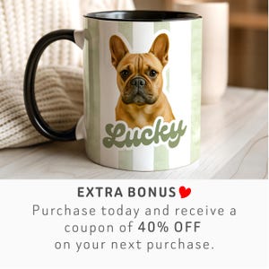 May include: White ceramic mug with a black handle and interior. The mug features a brown French Bulldog illustration with the name "Lucky" in green script. The mug has a light green striped background.