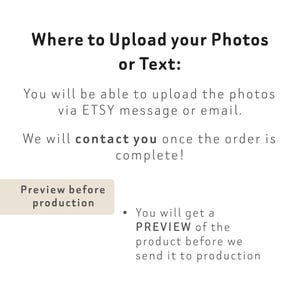 K&ouml;nnte beinhalten: Wei&szlig;er Hintergrund mit schwarzem Text, der angibt, wie Fotos oder Text per Etsy-Nachricht oder E-Mail hochgeladen werden k&ouml;nnen. Enth&auml;lt einen Abschnitt zur Vorschau des Produkts vor der Produktion.