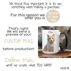 May include: A white ceramic mug with a black rim and handle. The mug features a photo of a cat with the name "Mike" printed on the mug. The mug is sitting on a wooden surface. The text "Preview of your mug" is in a circle above the mug.