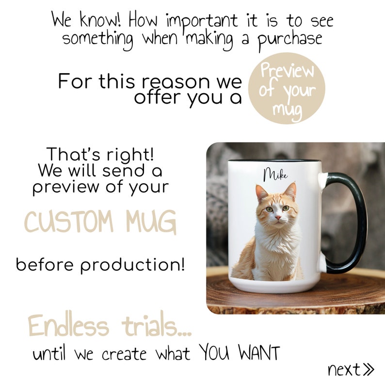May include: A white ceramic mug with a black rim and handle. The mug features a photo of a cat with the name "Mike" printed on the mug. The mug is sitting on a wooden surface. The text "Preview of your mug" is in a circle above the mug.