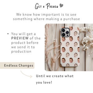 May include: A white iPhone case with a repeating pattern of baby faces. The text "GET A PREVIEW" is at the top of the image. The text "Endless Changes" is at the bottom of the image.