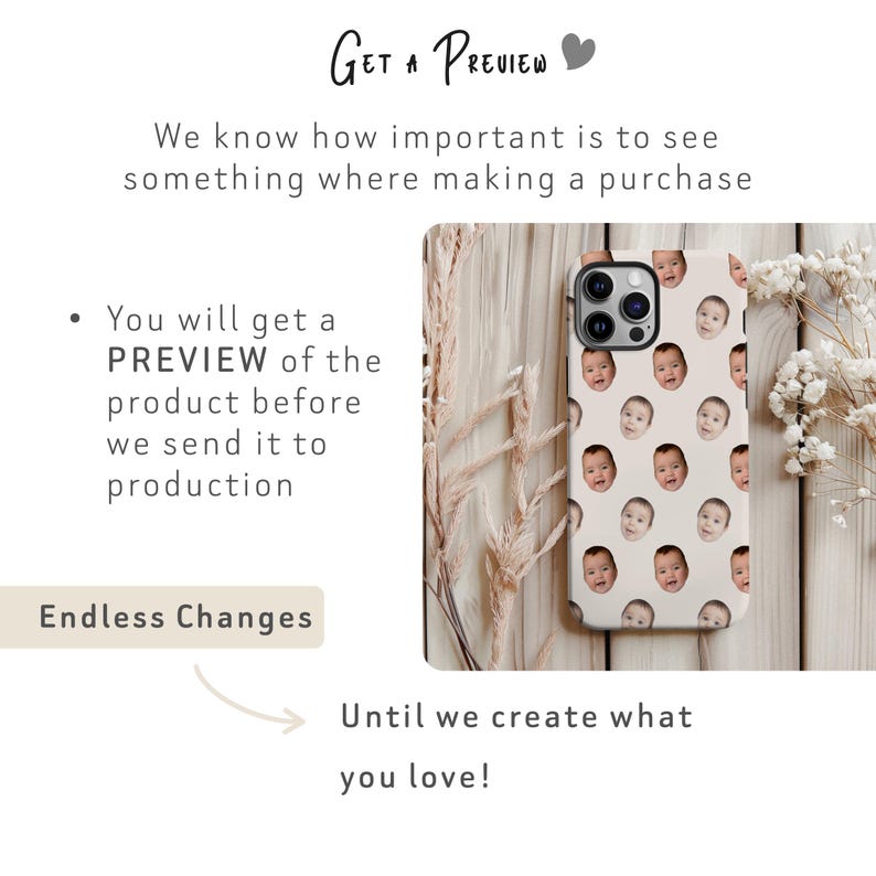 May include: A white iPhone case with a repeating pattern of baby faces. The text "GET A PREVIEW" is at the top of the image. The text "Endless Changes" is at the bottom of the image.