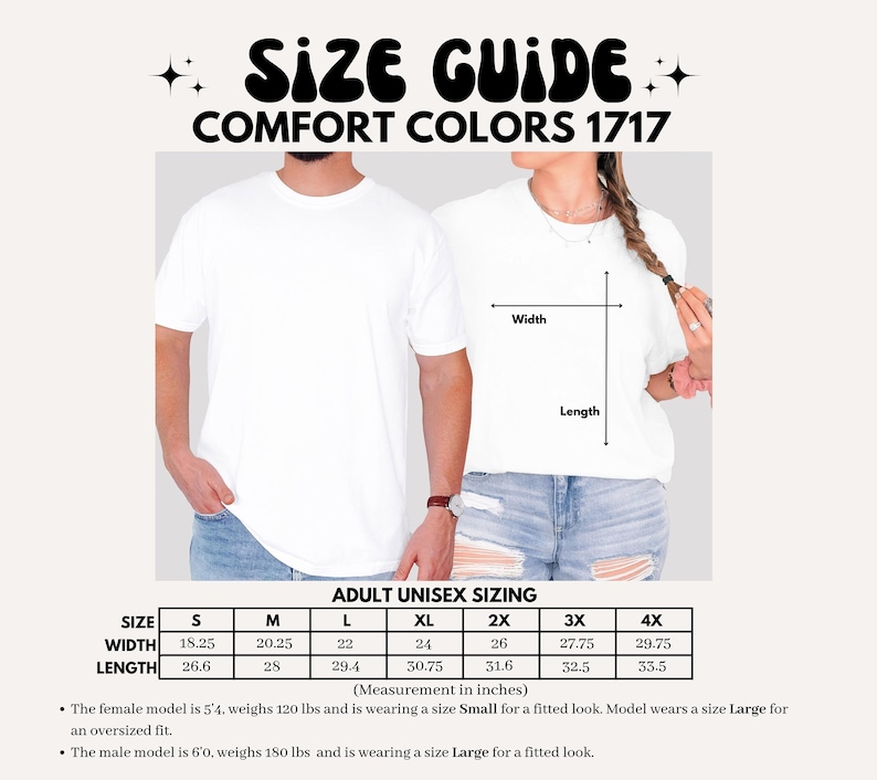 Puede incluir: Gu&iacute;a de tallas para camisetas Comfort Colors 1717, con un hombre y una mujer modelando camisetas blancas. La gu&iacute;a proporciona medidas en pulgadas, con un ancho que va de 18,25 a 29,75 pulgadas (46,35 a 75,57 cm). Texto: "SIZE GUIDE".