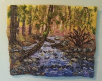 Needle Felted Autumn Woods Painting: Hand Embroidered Wool Art