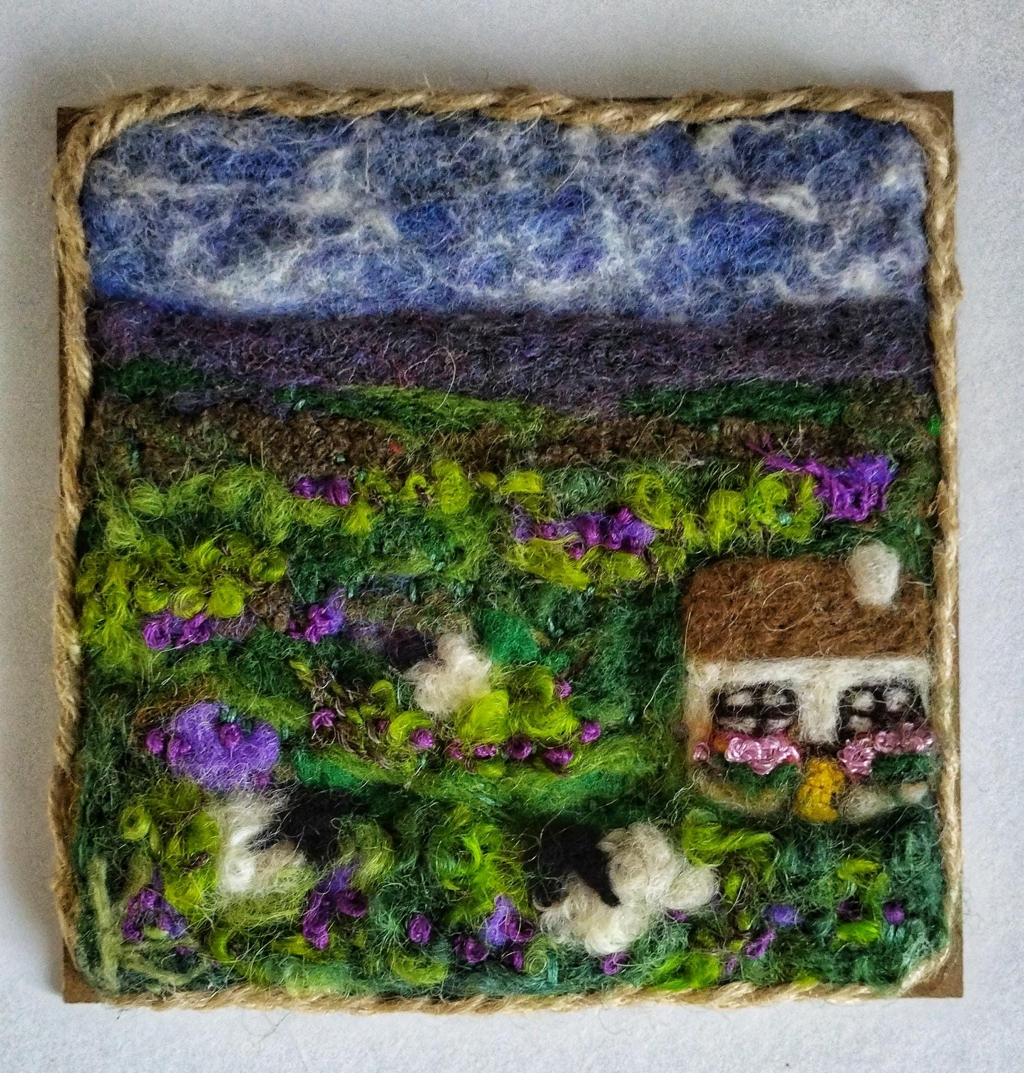 Ireland Landscape Wool Painting: Needle Felted Irish Cottage Tapestry