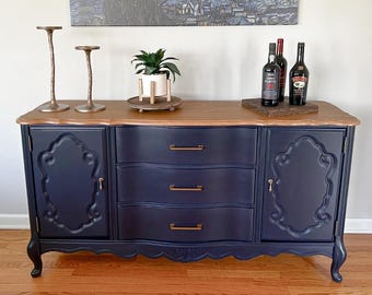 SOLD***  - Vintage Buffet Cabinet | Sideboard in Coastal Blue and Antique Walnut