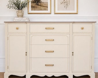 Tapestry Elmwood Vintage Sideboad Console | Solid Wood Buffet Cabinet Refinished | Entryway Storage | Antique Brass Hardware