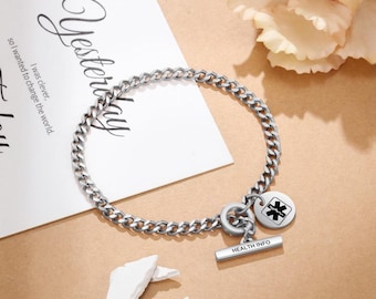 May include: A silver chain bracelet with a medical symbol charm and a bar charm that says "HEALTH INFO".