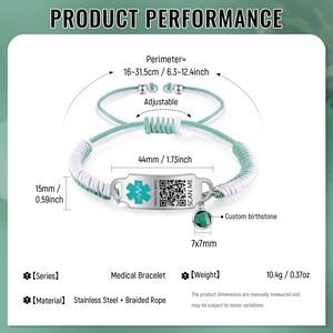 May include: Medical bracelet with a braided rope design in white and mint green. The adjustable bracelet features a stainless steel tag with a medical symbol and QR code. The bracelet is 15mm/0.59 inches wide, with a perimeter of 6.3-12.4 inches.