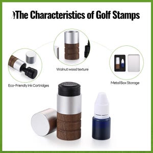 May include: An image showcasing golf stamps with features like eco-friendly ink cartridges, walnut wood texture, and metal box storage. The stamps have a silver and black top with a brown wooden base. A small blue ink bottle is also visible.