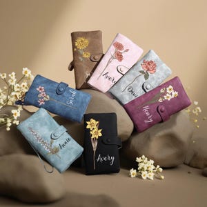 Cartera con flor de nacimiento y nombre, cartera de cuero personalizada, cartera fina para mujer, tarjetero, cartera con cordón, regalo de cumpleaños personalizado.